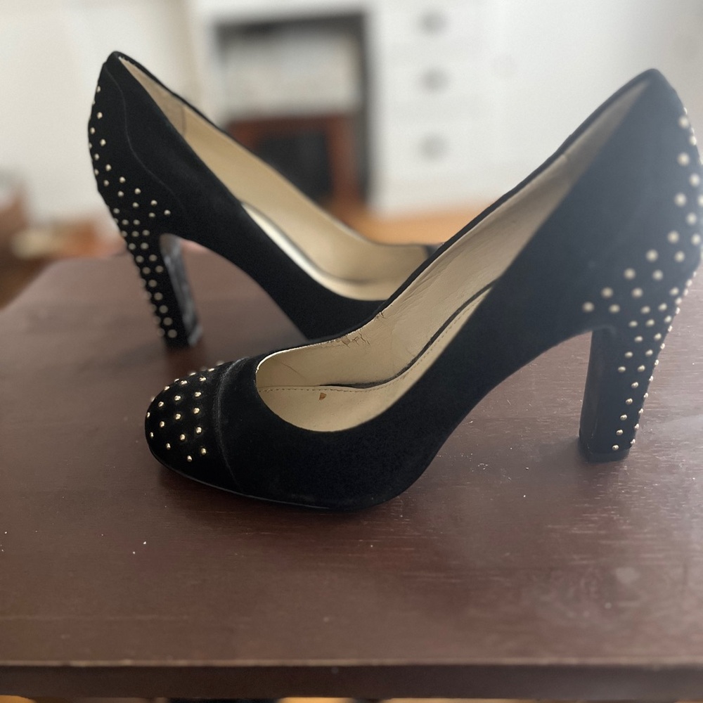 Black High Heeled Peep Toe Pumps with Rhinestones